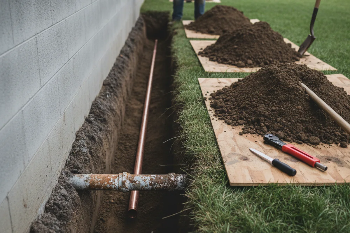 Excavated water line trench during Sewer Line Repair in Seymour